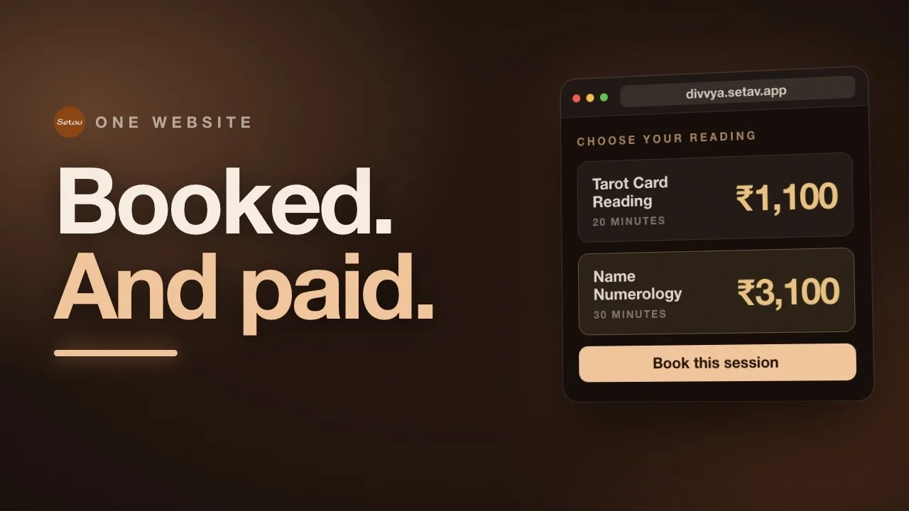 Opening frame of the film: the words Booked. And paid. beside a Setav booking page listing a ₹1,100 tarot reading and a ₹3,100 numerology session