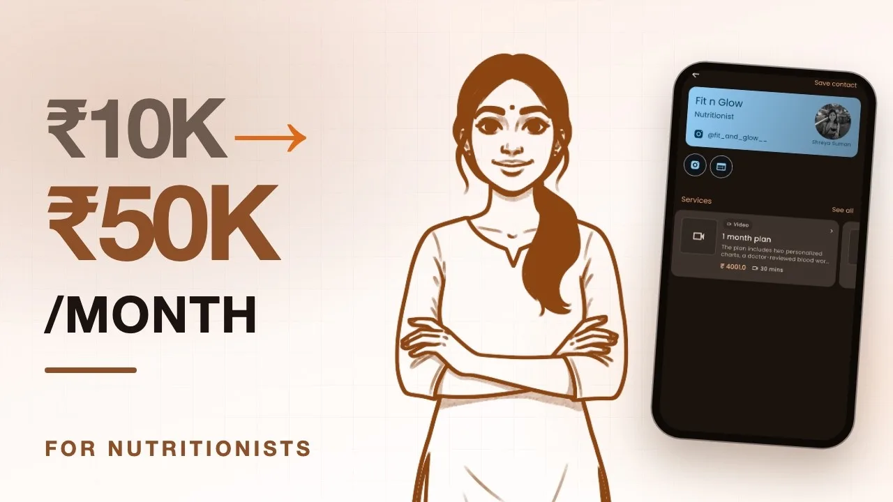 Video cover: ₹10K to ₹50K a month for nutritionists, an illustrated dietitian beside a Setav storefront on a phone
